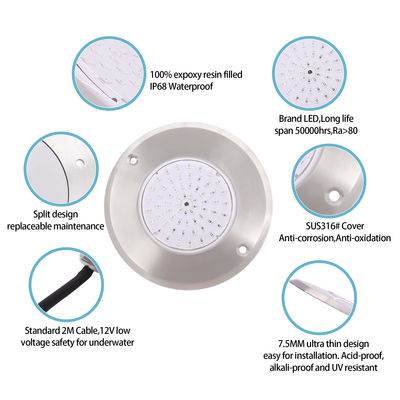 LED পুল লাইট IP68 সাদা/গরম সাদা 316 স্টেইনলেস স্টীল কভার 6W SMD 2835 63Pcs