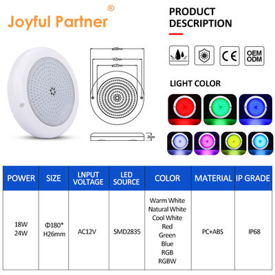 রঙ পরিবর্তনশীল সুইমিং পুল লাইট ABS পিসি RGB Emtting 12V ইনপুট উষ্ণ সাদা পৃষ্ঠ মাউন্ট