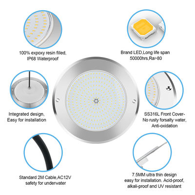 SUS316 কভার মাউন্ট করা IP68 DC12V 3000K আন্ডারওয়াটার LED SPA পুকুর আলো