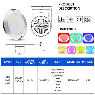 SUS316 কভার মাউন্ট করা IP68 DC12V 3000K আন্ডারওয়াটার LED SPA পুকুর আলো