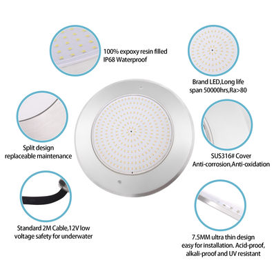 ওয়াটারপ্রুফ PAR56 LED পুল লাইট 316SS হাউজিং আল্ট্রা পাতলা 7.5mm রজন ভরাট দেয়াল মাউন্ট 230MM 18W 25W ডিসি AC12V