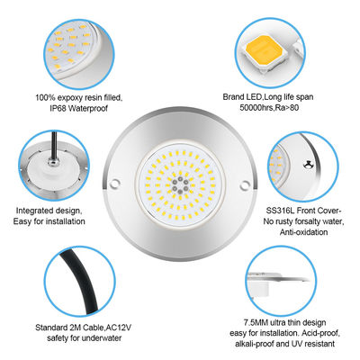 Par 56 Rgb LED সুইমিং পুল লাইট 6W 10W 18W 25W 35W 42W আল্ট্রা পাতলা 7.5mm সুপার পাতলা রেজিন ভরা AC 12V ভোল্টেজ SMD LED সঙ্গে SS316L উপাদান