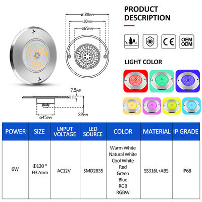 Par 56 Rgb LED সুইমিং পুল লাইট 6W 10W 18W 25W 35W 42W আল্ট্রা পাতলা 7.5mm সুপার পাতলা রেজিন ভরা AC 12V ভোল্টেজ SMD LED সঙ্গে SS316L উপাদান