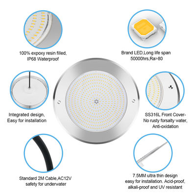 রিমোট কন্ট্রোল ওয়াটার পুল লাইট স্টেইনলেস স্টীল 316 পৃষ্ঠ মাউন্ট 42W পুল লাইট AC12/24V RGB