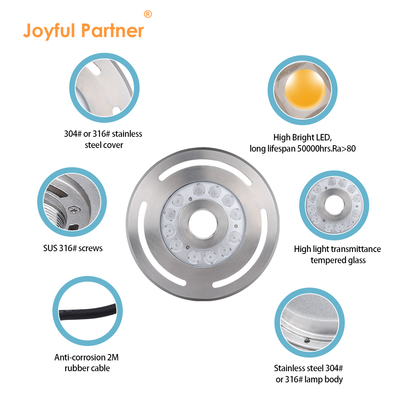 আন্ডারওয়াটার LED ফোয়ারা লাইট IP68 12W 24W 36W উষ্ণ সাদা নীল RGB স্টেইনলেস স্টীল 316L ব্যাসার্ধ 285mm সঙ্গে