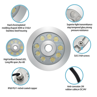 LED ফাউন্টেন লাইট 316 স্টেইনলেস স্টীল RGB একক রঙ170*61MM DC12V / 24V IP68 জলরোধী