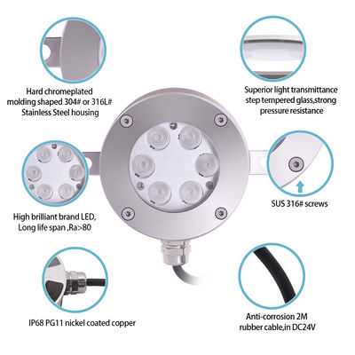 DMX512 নিয়ন্ত্রণযোগ্য LED ফাউন্টেন লাইট DC24V 12W 3000K স্টেইনলেস স্টিল IP68 ল্যান্ডস্কেপ আন্ডারওয়াটারের জন্য