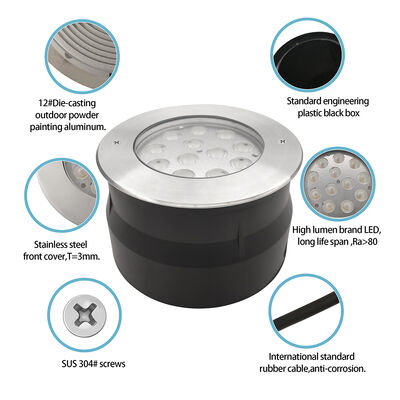 IP67 LED ভূগর্ভস্থ আলো 12W 24W 36W DIA185MM RGB3in1 3000K উষ্ণ সাদা গার্ডেন পার্ক প্লাজার জন্য