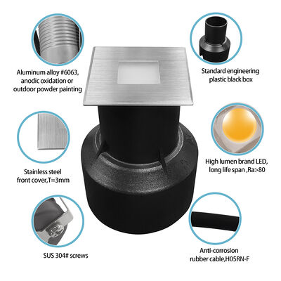 এলইডি আন্ডারগ্রাউন্ড লাইট 3W বর্গাকার আকৃতি 304 বা 316 স্টেইনলেস স্টীল 45 * 45MM ফ্রেম অ্যালুমিনিয়াম ডাই কাস্ট শরীর