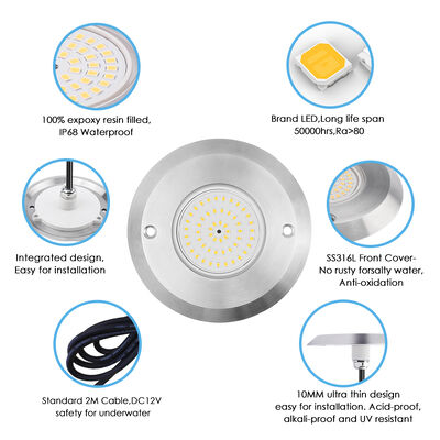 LED PAR56 LED সুইমিং পুল লাইট 6W SMD2835 ডাইমেনশন 110*34MM 20pcs/CTN DC12V স্টেইনলেস স্টীল 316 ABS সহ