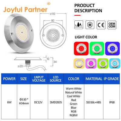 IP68 পানির নিচে PAR 56 পুল লাইট 6W SMD2835 মাত্রা 110*34MM আল্ট্রা পাতলা 10MM