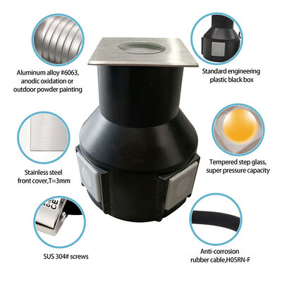 ইনগ্রাউন্ড এলইডি লাইট বিম এঙ্গেল 8 ডিগ্রি DC24V 3W 3000K 50*50MM IP67 অ্যালুমিনিয়াম বডি সহ