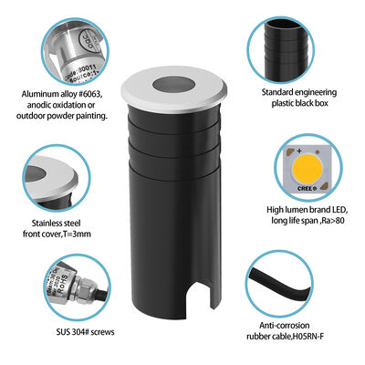 এলইডি আপলাইট 316 স্টেইনলেস স্টিল কভার অ্যালুমিনিয়াম ল্যাম্পের দেহ টেম্পারেড গ্লাস আইপি 67 1 ওয়াট উষ্ণ সাদা 3000 কে